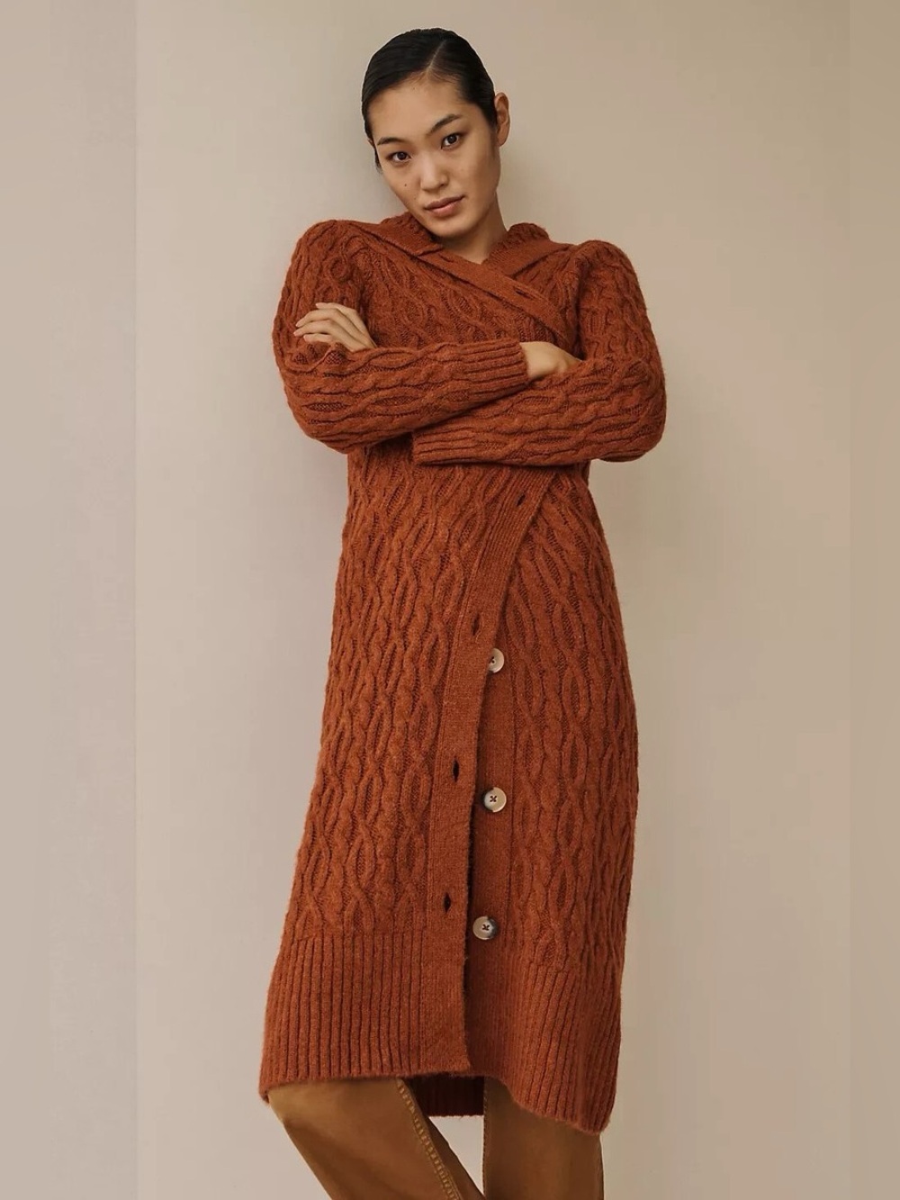 Anthropologie Cable Knit Hooded Buttondown Duster Long Cardigan
